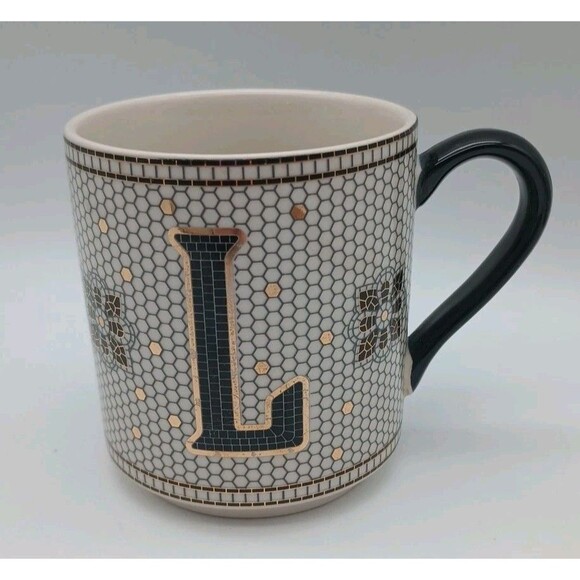 Anthropologie Margot Gold Black Mosaic Tile Monogram L Initial Coffee Mug Cup - Picture 1 of 7